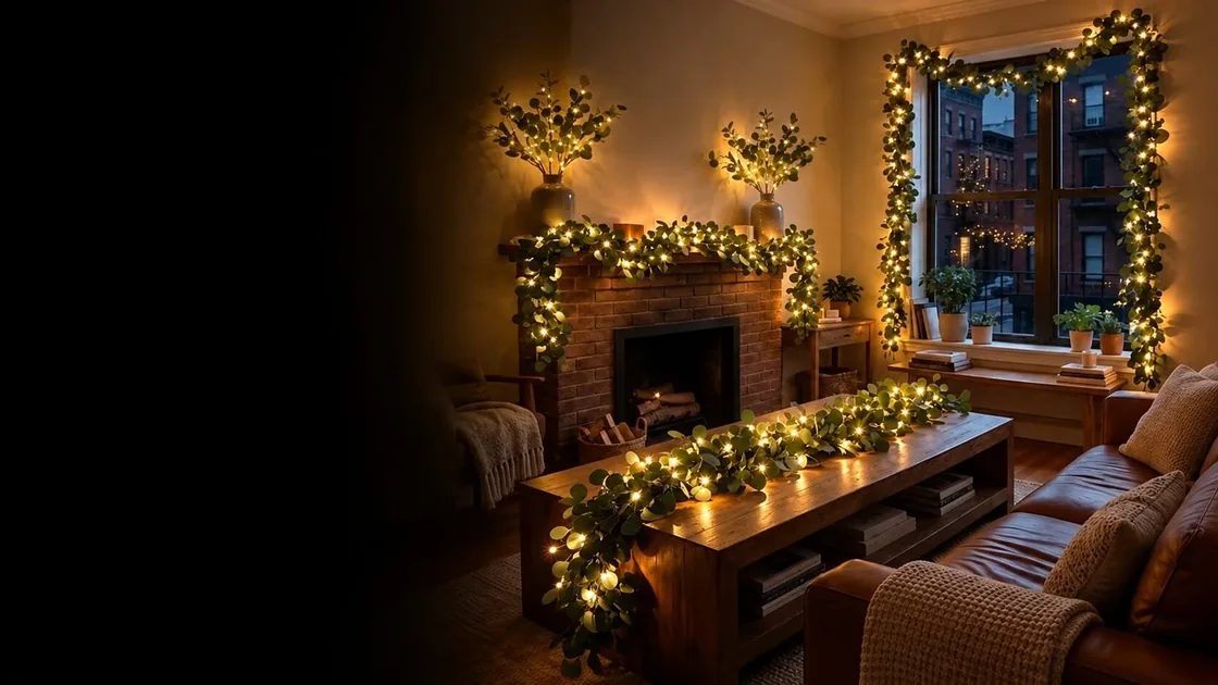 Fairy-lit garlands glowing around a fireplace and along a living-room table at dusk