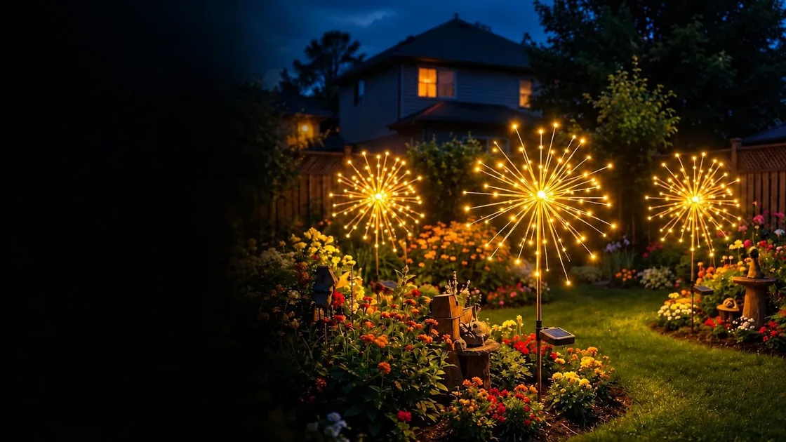 Starburst lights glowing gold among garden flowers at night
