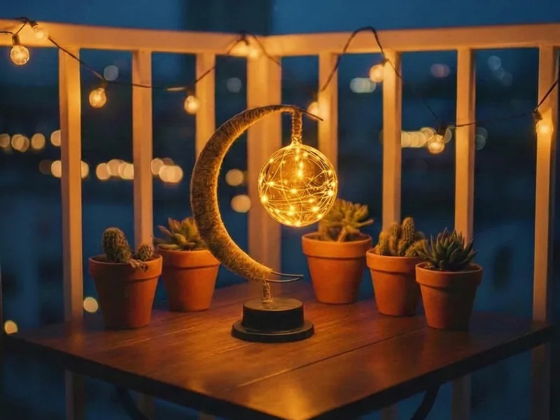 A crescent-moon lamp holding a glowing glass globe on a balcony table among succulents at night
