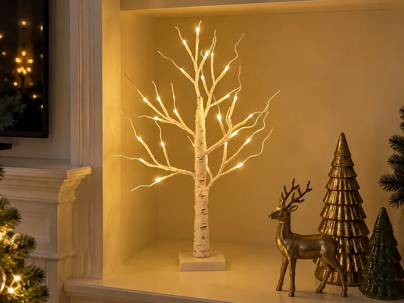 A lit white birch-branch tree beside small evergreen trees and a gold reindeer on a mantel