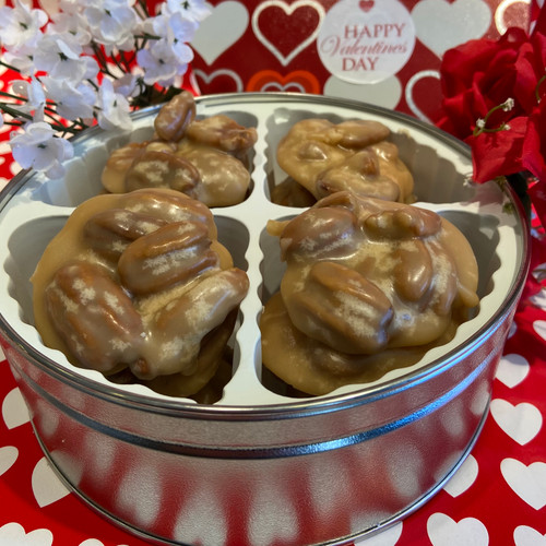 16 oz of our popular praline patties packaged in a decorative Valentine tin
