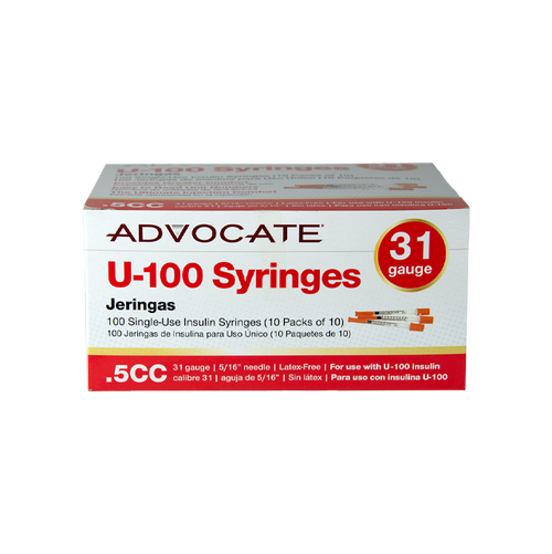 Advocate U-100 Insulin Syringes 31G .5cc 5/16" 100/box (894046001707)