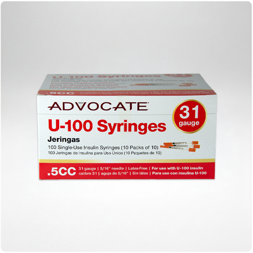 Advocate U-100 Insulin Syringes 31G .5cc 5/16" 100/box (894046001707)