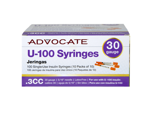 Advocate U-100 Insulin Syringes 30G .3cc 5/16" 100/box