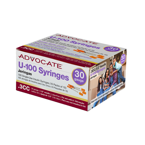Advocate U-100 Insulin Syringes 30G .3cc 1/2" 100/box (852982006682)