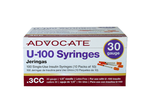Advocate U-100 Insulin Syringes 30G .3cc 1/2" 100/box (852982006682)