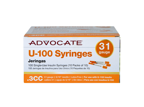 Advocate U-100 Insulin Syringes 31G .3cc 5/16" 100/box