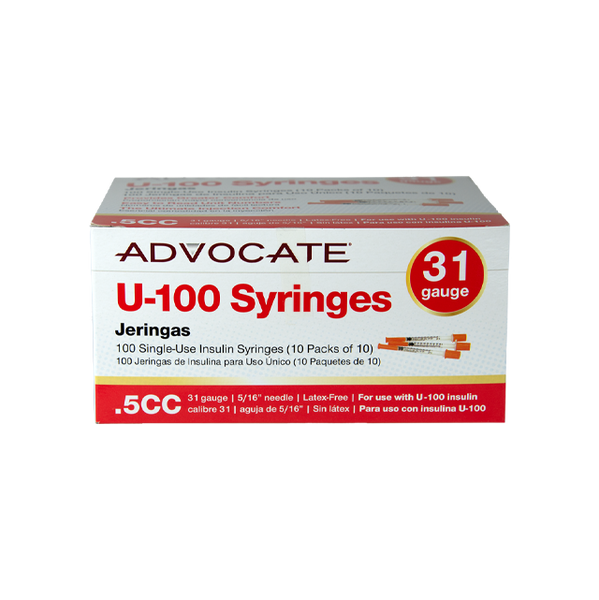 Advocate U-100 Insulin Syringes 31G .5cc 5/16" 100/box (894046001707)