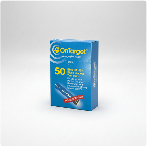 Individually Wrapped 50 Count Blood Glucose Test Strips for OnTarget Vet Meter EQ155L (PT-1048)