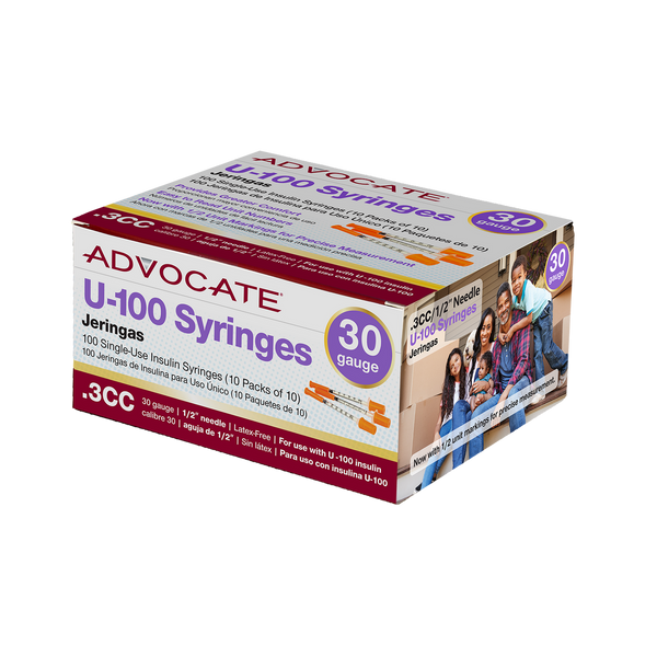 Advocate U-100 Insulin Syringes 30G .3cc 1/2" 100/box (852982006682)