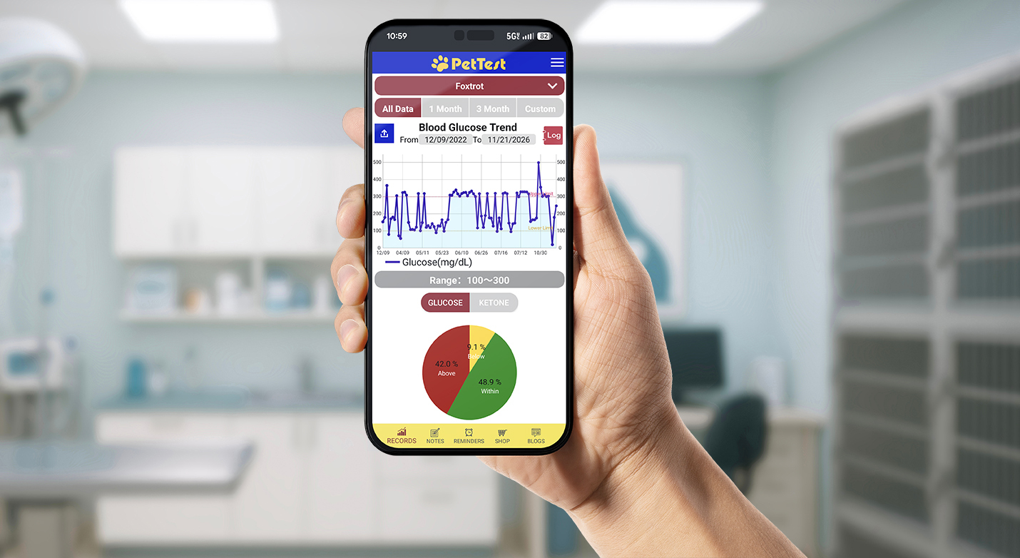 PetTest Digital Companion App on a smartphone showing a cat's blood glucose trend and time-in-range