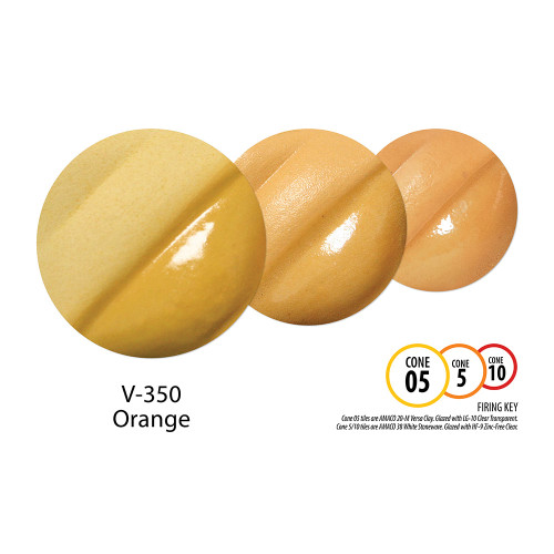 Orange Velvet Underglaze is a golden color that is bright at cone 05, softens to a toasty beige at cone 5, and becomes toastier at cone 10. A clear glaze accentuates the color of the underglaze significantly at any temperature.