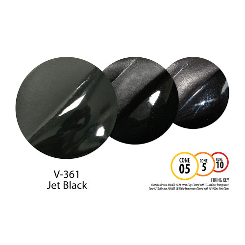 Jet Black Velvet Underglaze is a cool black color, smooth and velvety at cone 05, darkens at cone 5, and becomes darkest black and slightly glossy at cone 10. A clear glaze deepens and accentuates the underglaze significantly at any temperature.