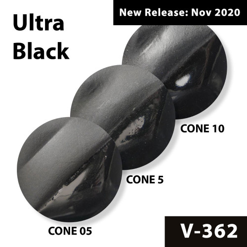 Ultra Black Velvet Underglaze fires to a beautiful soft, dark matte color at cone 05 then deepens to a darker black at cone 5 and maintains it’s shade at cone 10. A clear glaze accentuates the color of the underglaze significantly at any temperature.