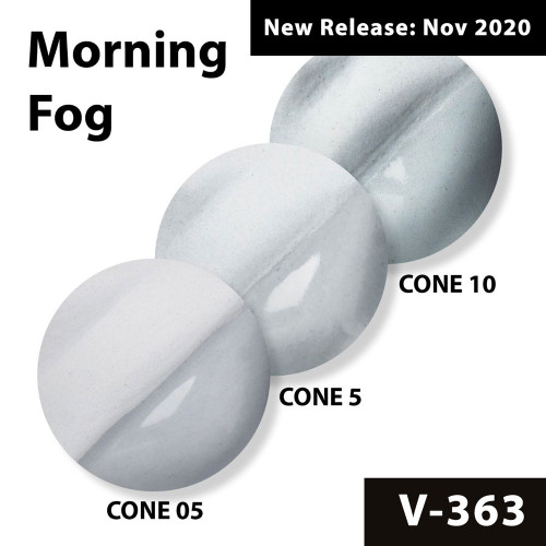Morning Fog Velvet Underglaze fires to a light, misty gray when fired to cone 05, darkens to a steamy color at cone 5, and maintains the foggy color at cone 10. A clear glaze accentuates the color of the underglaze significantly at any temperature.