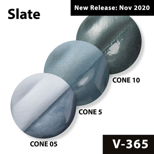 Slate Velvet Underglaze is a dark, bluish-gray at cone 05 that darkens to a deep, slatey shade when fired to cone 5 and transforms into a melancholic blue-green at cone 10. A clear glaze accentuates the color of the underglaze significantly at any temperature.