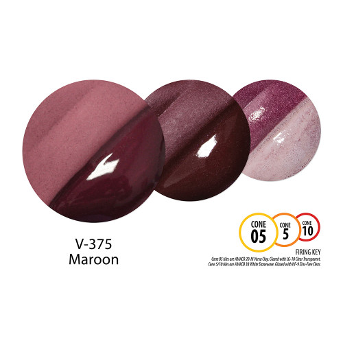 Maroon Velvet Underglaze is a deep burgundy color that is soft and rich at cone 05, deepens at cone 5, and begins to burn out at cone 10. A clear glaze deepens the color of the underglaze significantly at cone 05 and intensifies its rich oxblood shade at cone 5.