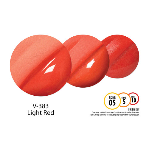 Light Red Velvet Underglaze is a light coral red that is bright at cone 05, softens slightly at cone 5, and becomes darker and slightly glossy at cone 10. A clear glaze accentuates the color nicely at any temperature.