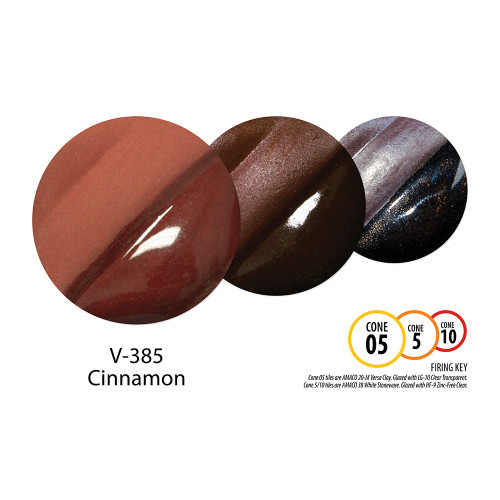 Cinnamon Velvet Underglaze is a deep sienna color that is very warm at cone 05, darkens and becomes chocolatey at cone 5, and turns to a dark brown at cone 10. A clear glaze deepens the color of the underglaze significantly at any temperature.