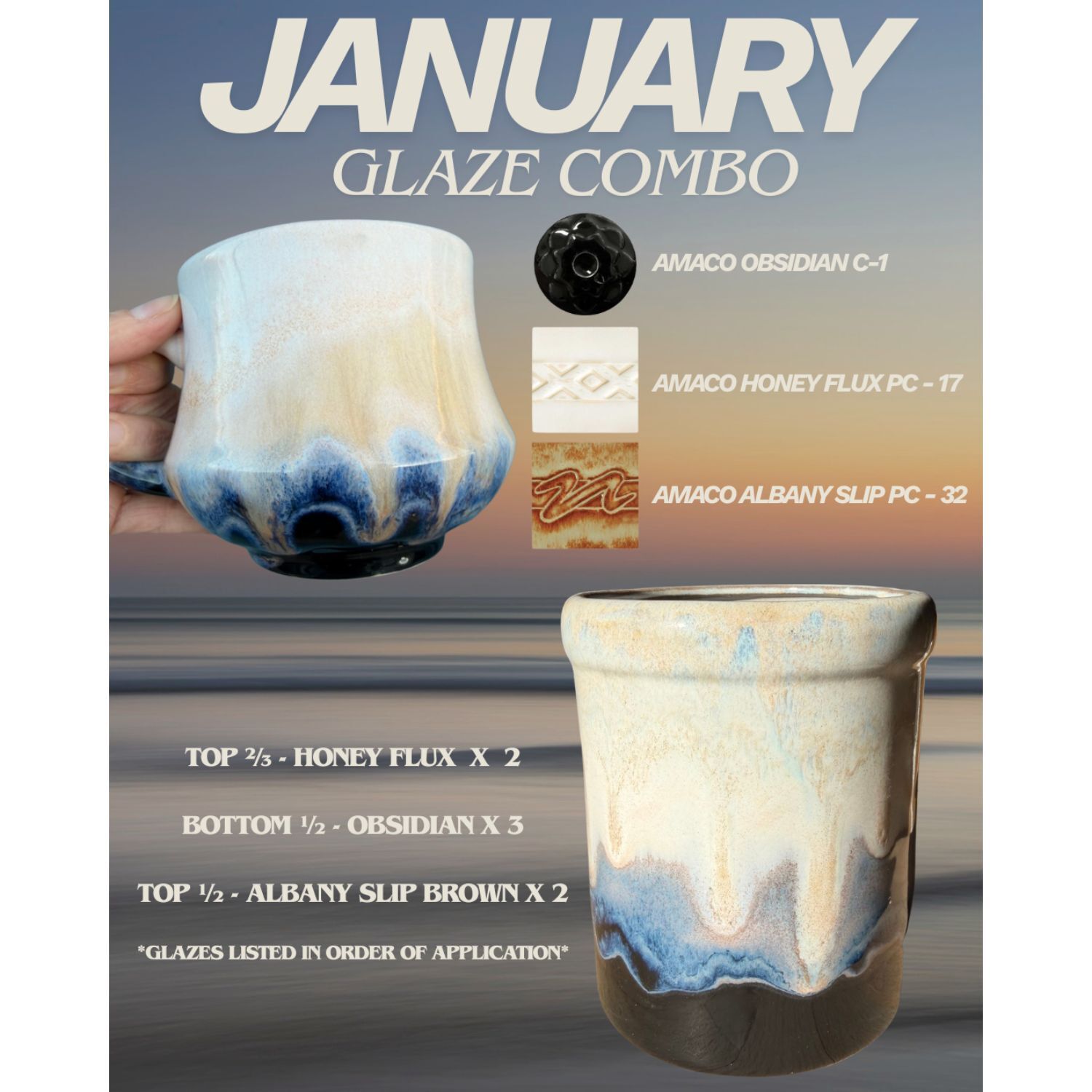 January 2026 Glaze Combo, featuring these glazes from AMACO: C-1 Obsidian, PC-17 Honey Flux, and PC-32 Albany Slip Brown