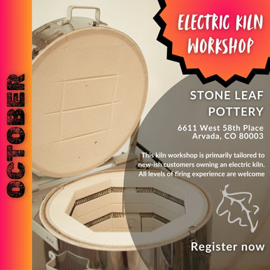 October Electric Kiln Workshop graphic showing an electric kiln with the lid open, text showing October, Stone Leaf Pottery's address,  and a brief description of the workshop
