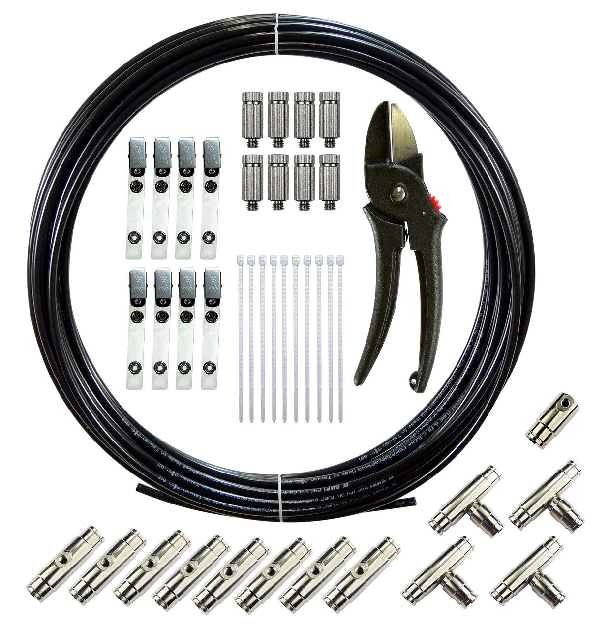 8 Nozzle Line Kit
Create your own 
misting line with this 
kit. 1/4ʺ High Pressure 
Nylon Hose with 8 
Nozzles.