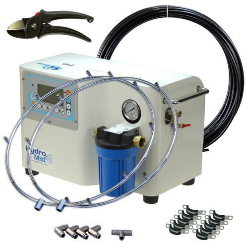 Retrofit any existing fans with the ProMist75 High Pressure pump and 2 -8 Nozzle Mist Rings.  Comes with 50 ft of  Nylon Tubing, cutter, 4 Elbows, 1 Tee fitting and mounting clamps.   This system has a 32 Nozzle capacity at 1000 PSI so could add 16 more nozzles for other fans or mist line