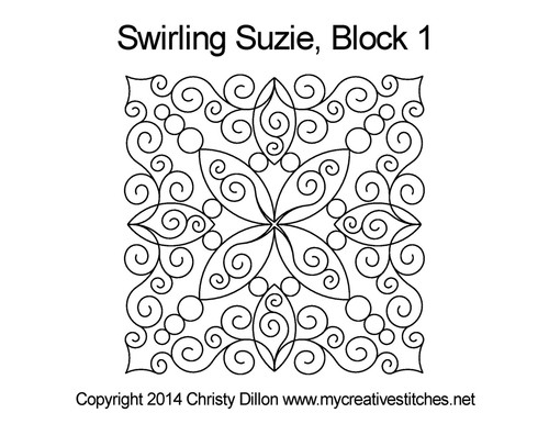 Swirling Suzie, Block 1, swirls, leaves, petals, pearls, on point, p2p, computerized longarm pattern
