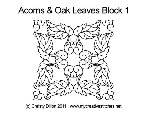 Acorns and Oak Leaves, Block 1, block specific, swirls, e2e, p2p, leaves, feathers, pumpkins, acorns, frames, fall patterns, autumn designs, computerized longarm pattern