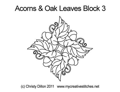 Acorns and Oak Leaves, Block 3, block specific, swirls, e2e, p2p, leaves, feathers, pumpkins, acorns, frames, fall patterns, autumn designs, computerized longarm pattern