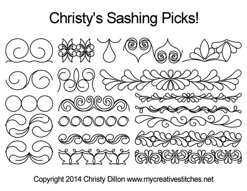 Christy's sashing set, swirls, pearls, feathers, modern, traditional, p2p, butterflies, patterns for beginners, animals, easy sashing, designs, My Creative Stitches