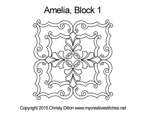 Amelia, Block 1, block specific, swirls, e2e, p2p, leaves, feathers, sashings, feather triangles, computerized longarm pattern
