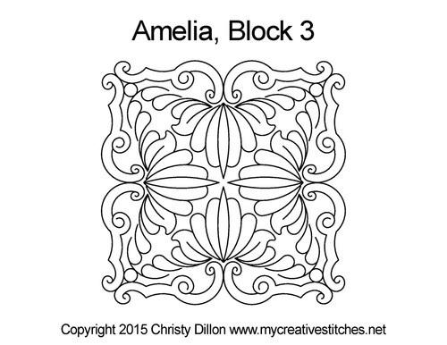 Amelia, Block 3, block specific, swirls, e2e, p2p, leaves, feathers, sashings, feather triangles, computerized longarm pattern