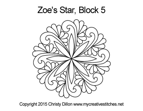 Zoe's Star Block 5, round block, block specific, feathers, swirls, flowers, e2e, p2p, leaves, birds, computerized longarm pattern