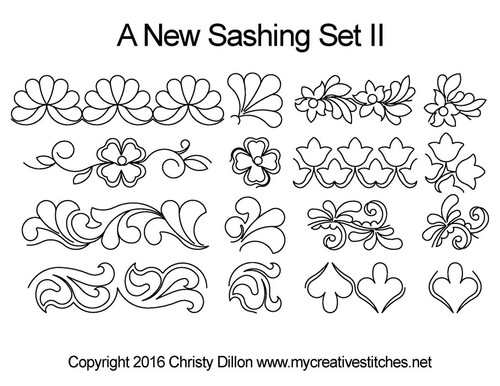 A New Sashing Set II, curves, modern, traditional, leaves, swirls, pearls, p2p, continuous design, clover, flowers, feathers, corner patterns, hearts, My Creative Stitches