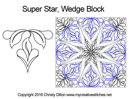 Super Star Wedge Block, feathers, swirls, leaves, computerized longarm pattern. Quick Strip Paper Piecing' by Peggy Martin.