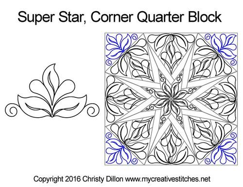 Super Star Corner Quarter Block, feathers, swirls, leaves, computerized longarm pattern. Quick Strip Paper Piecing' by Peggy Martin.