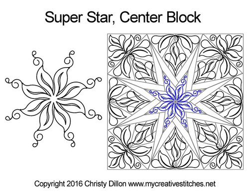 Super Star Center Block, feathers, swirls, leaves, computerized longarm pattern. Quick Strip Paper Piecing' by Peggy Martin.