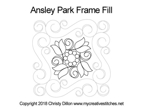 Ansley Park, Frame Fill (Small Block), block specific, swirls, e2e, p2p, leaves, bees, pearls, cross hatching, flowers, feathers, sashings, feather triangles, computerized longarm pattern, modern, and traditional designs