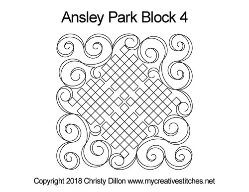 Ansley Park, Block 4, block specific, swirls, e2e, p2p, leaves, bees, pearls, cross hatching, flowers, feathers, sashings, feather triangles, computerized longarm pattern, modern, and traditional designs