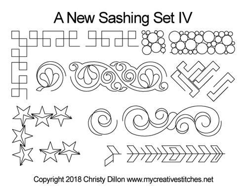 A New Sashing Set IV, curves, modern, traditional, swirls, pearls, p2p, continuous design, stars, feathers, corner patterns, grid pattern, arrow designs, line border and corners, digital, computerized, My Creative Stitches