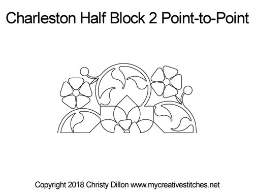 Charleston, Half Block 2 or Point-to-Point, block specific, swirls, e2e, p2p, leaves, pearls, cross hatching, flowers, feathers, sashings, feather triangles, frames, border corners, p2p triangles, computerized longarm pattern, modern, and traditional designs, My Creative Stitches designs