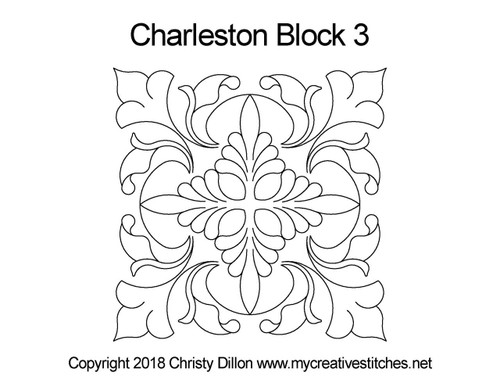 Charleston, Block 3, block specific, swirls, e2e, p2p, leaves, pearls, cross hatching, flowers, feathers, sashings, feather triangles, frames, border corners, p2p triangles, computerized longarm pattern, modern, and traditional designs, My Creative Stitches designs