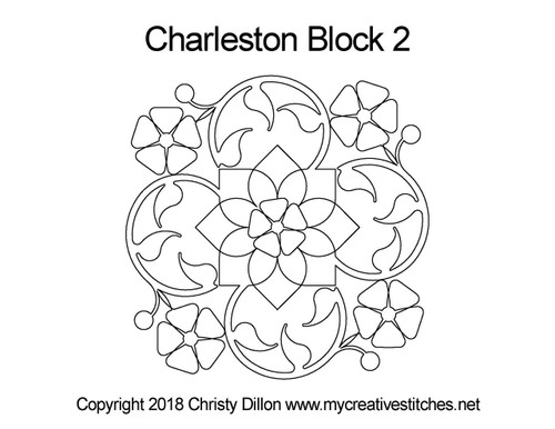 Charleston, Block 2, block specific, swirls, e2e, p2p, leaves, pearls, cross hatching, flowers, feathers, sashings, feather triangles, frames, border corners, p2p triangles, computerized longarm pattern, modern, and traditional designs, My Creative Stitches designs