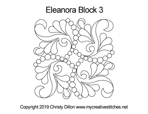 Eleanora, Block 3, block specific, swirls, e2e, p2p, leaves, pearls, flowers, feathers, sashings, feather triangles, frames, border corners, p2p triangles, computerized longarm pattern, modern, and traditional designs, continuous design patterns, My Creative Stitches designs