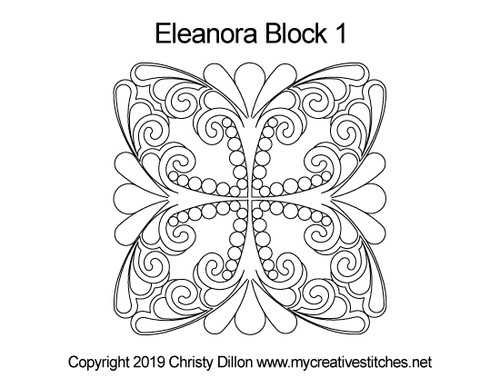 Eleanora, Block 1, block specific, swirls, e2e, p2p, leaves, pearls, flowers, feathers, sashings, feather triangles, frames, border corners, p2p triangles, computerized longarm pattern, modern, and traditional designs, continuous design patterns, My Creative Stitches designs