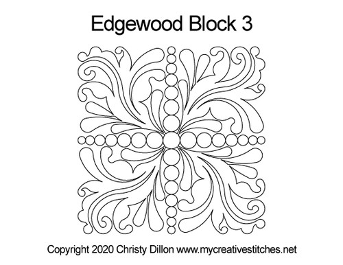 Edgewood, Block 3, block specific, swirls, e2e, p2p, leaves, pearls, flowers, feathers, sashings, feather triangles, border corners, p2p triangles, computerized longarm pattern, modern, and traditional designs, continuous design patterns, My Creative Stitches designs