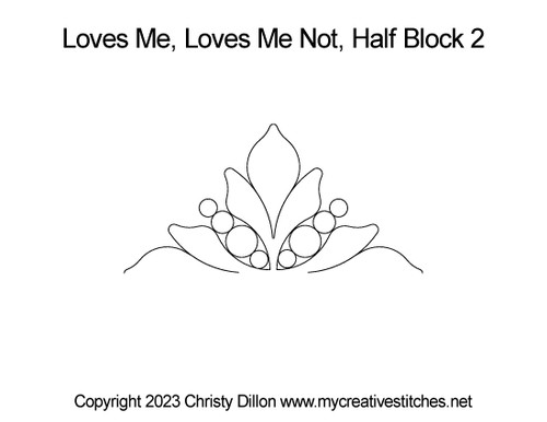 Loves Me Loves Me Not Half Block 2, block specific, swirls, e2e, p2p, leaves, pearls, flowers, feathers, sashings, feather triangles, border corners, p2p triangles, computerized longarm pattern, modern, and traditional designs, continuous design patterns, My Creative Stitches designs