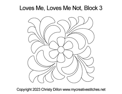 Loves Me, Loves Me Not, Block 3, block specific, swirls, e2e, p2p, leaves, pearls, flowers, feathers, sashings, feather triangles, border corners, p2p triangles, computerized longarm pattern, modern, and traditional designs, continuous design patterns, My Creative Stitches designs