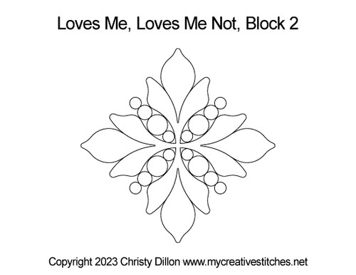 Loves Me Loves Me Not Block 2, block specific, swirls, e2e, p2p, leaves, pearls, flowers, feathers, sashings, feather triangles, border corners, p2p triangles, computerized longarm pattern, modern, and traditional designs, continuous design patterns, My Creative Stitches designs
